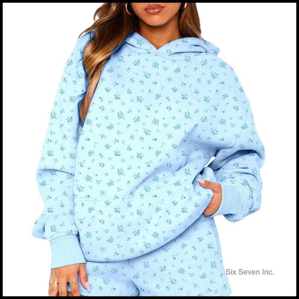 Oversized Ditsy Floral Fleece Hoodie Y2K Aesthetic Pullover Drop Shoulder